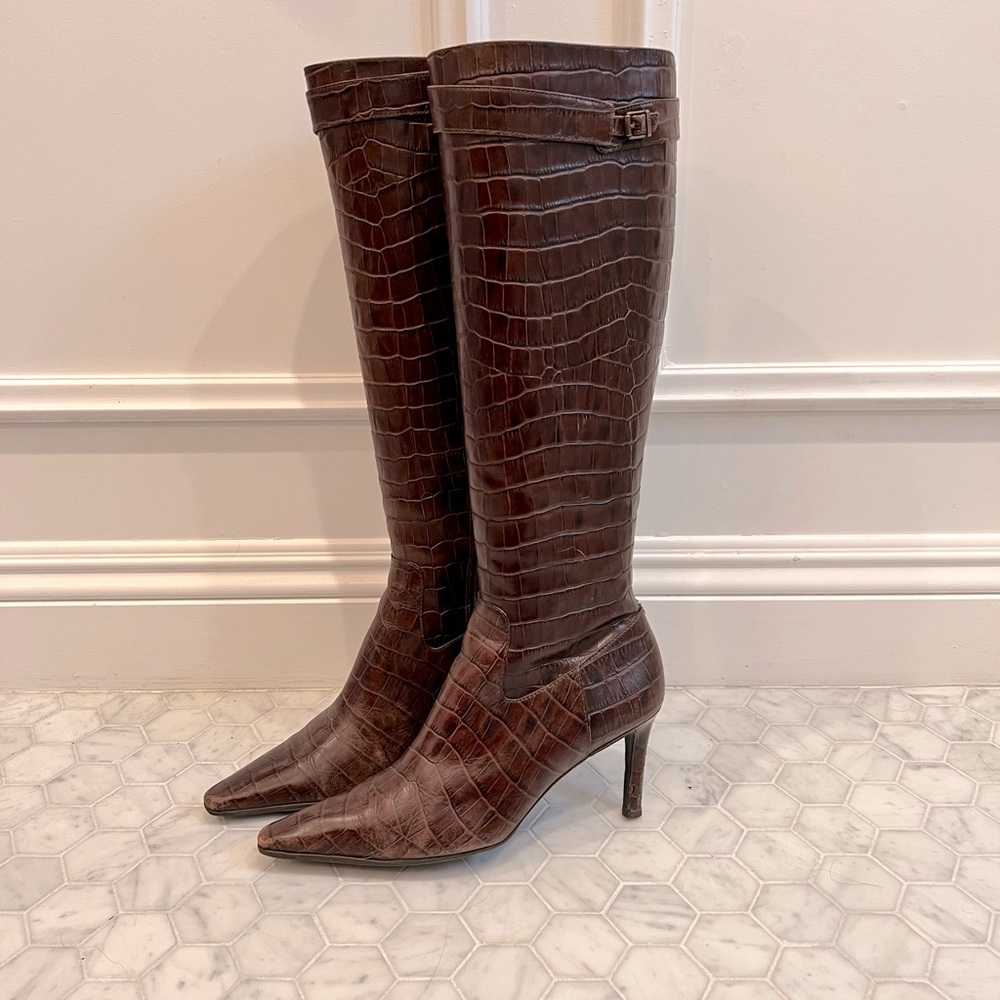 RL Ralph Lauren Antonella Leather Crocodile embossed boots 7.5 brown
